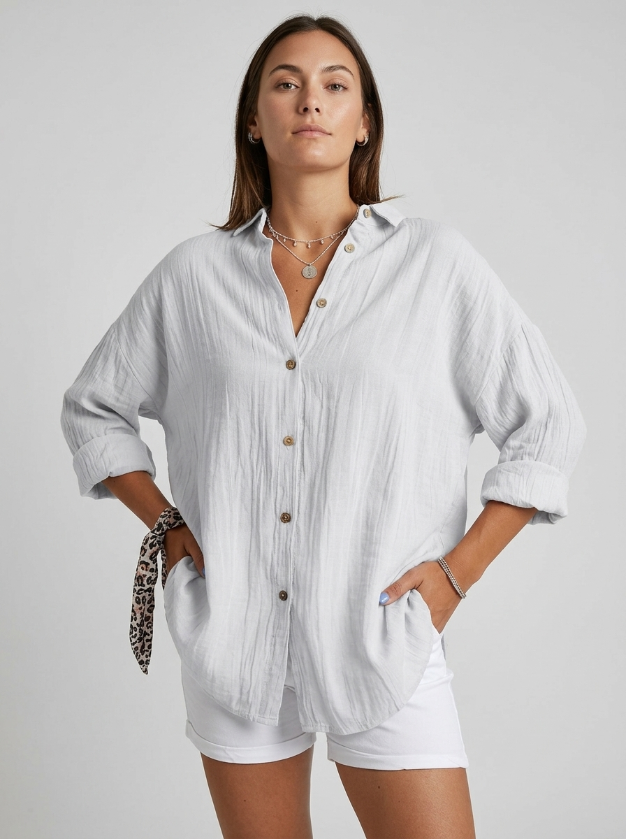 Women's Linen Summer Button Shirt Relaxed Fit Long Sleeve Blouse