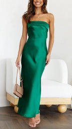 Women's Satin Strapless Maxi Dress with Open Back