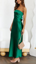Women's Satin Strapless Maxi Dress with Open Back