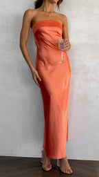 Women's Satin Strapless Maxi Dress with Open Back