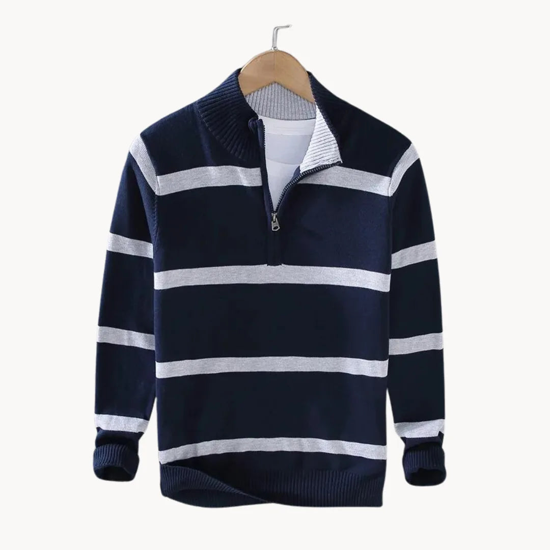 Pull à col montant rayé pour homme, à fermeture éclair quart de tour