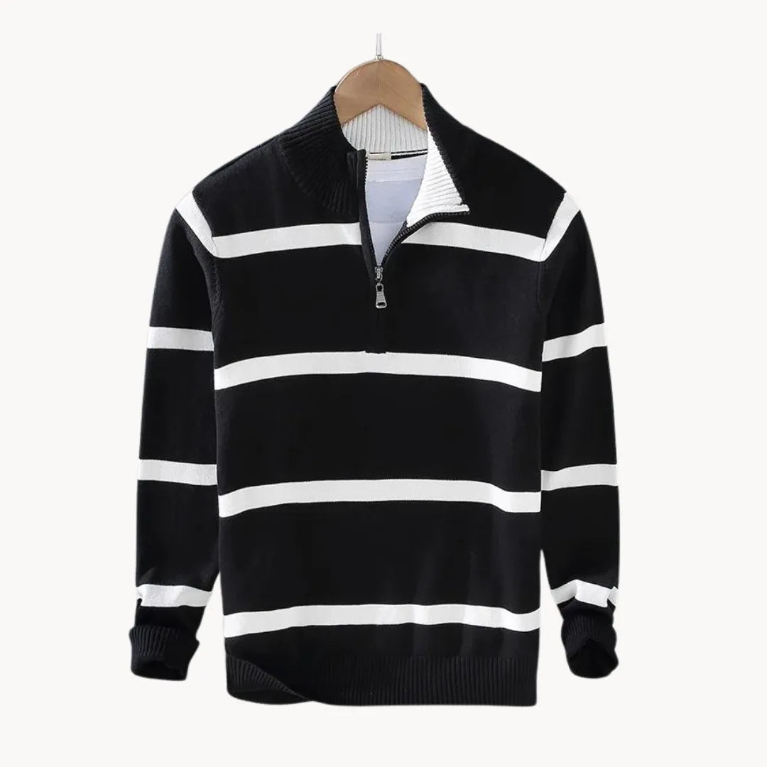 Pull à col montant rayé pour homme, à fermeture éclair quart de tour