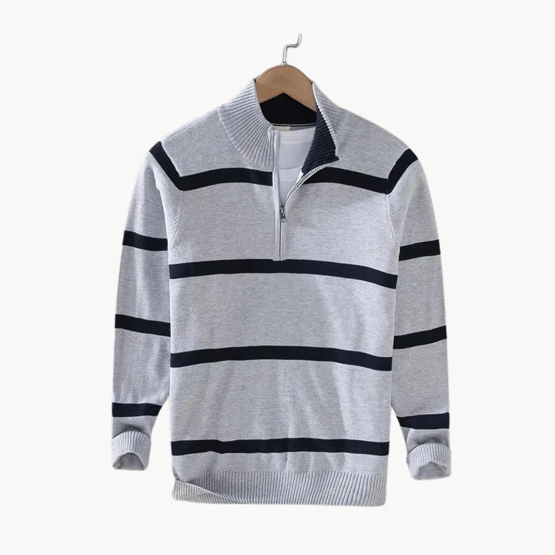 Pull à col montant rayé pour homme, à fermeture éclair quart de tour