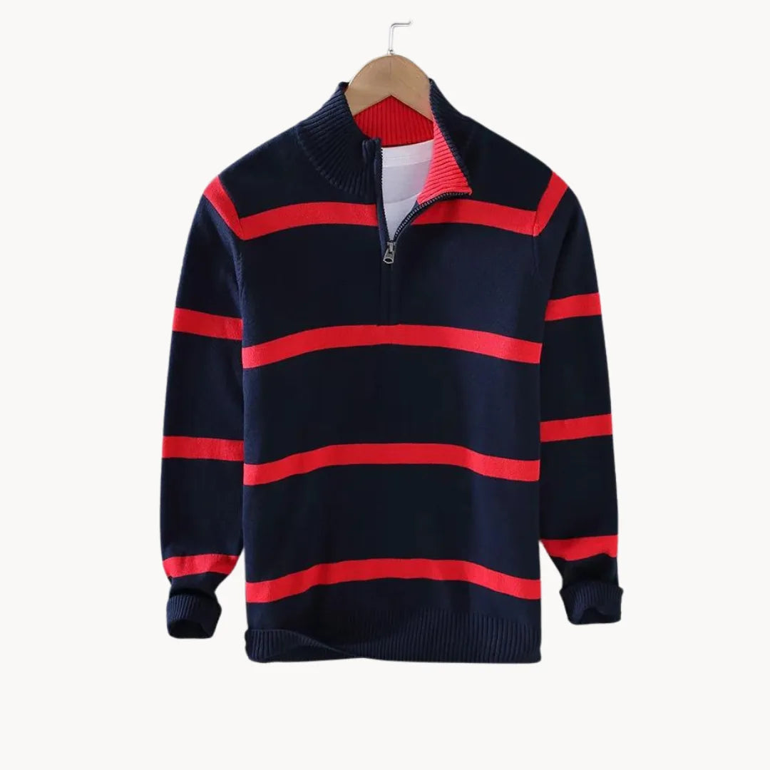 Pull à col montant rayé pour homme, à fermeture éclair quart de tour