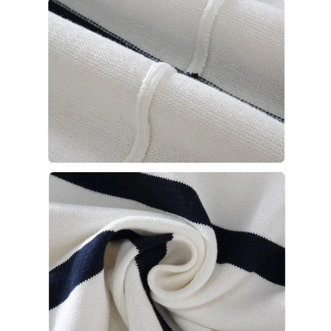 Męski sweter w paski z krótkim zamkiem i stójką