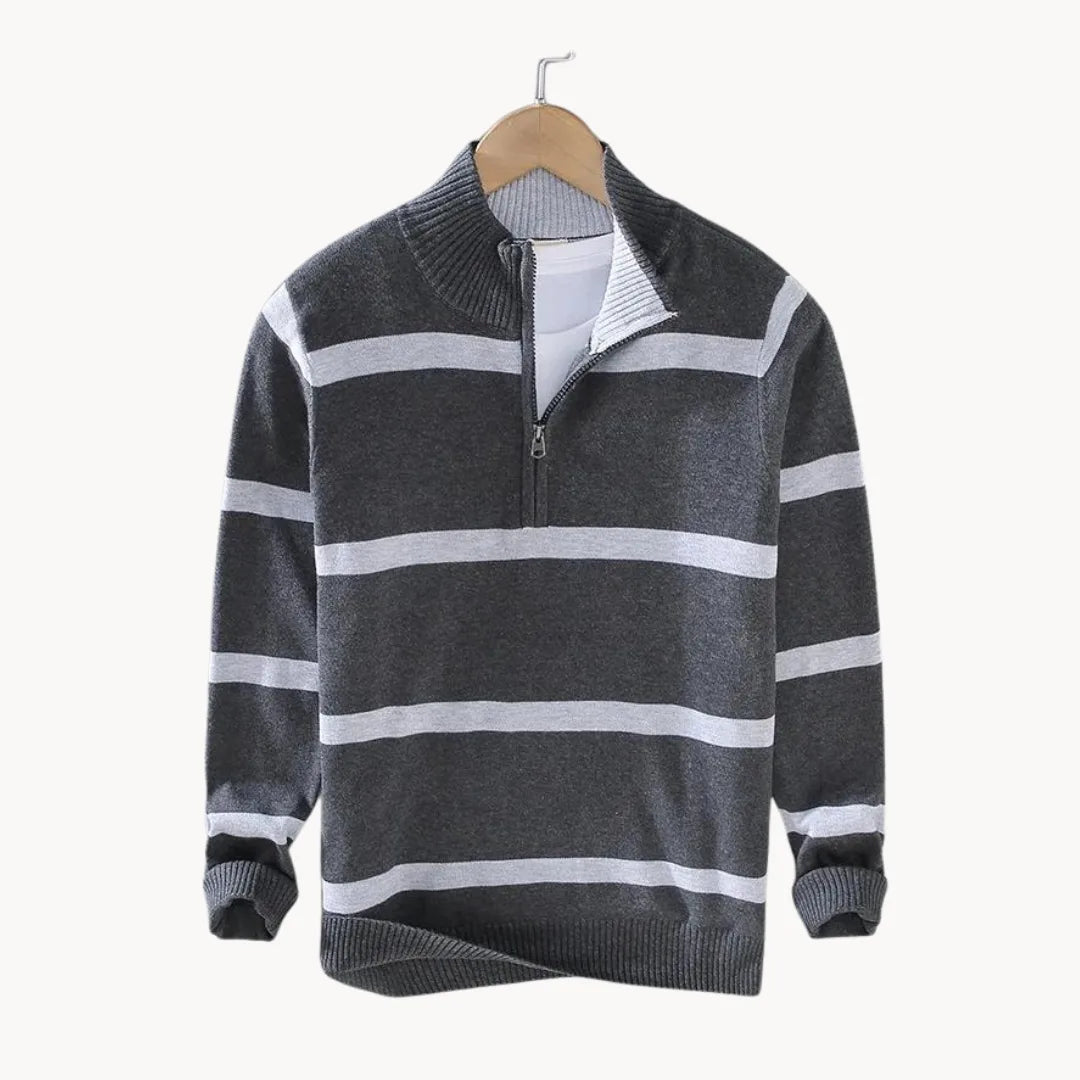 Pull à col montant rayé pour homme, à fermeture éclair quart de tour