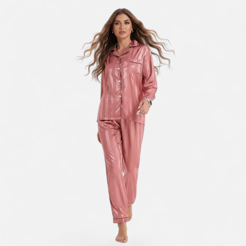 Ensemble de pyjama pour femme à manches longues, en satin rayé