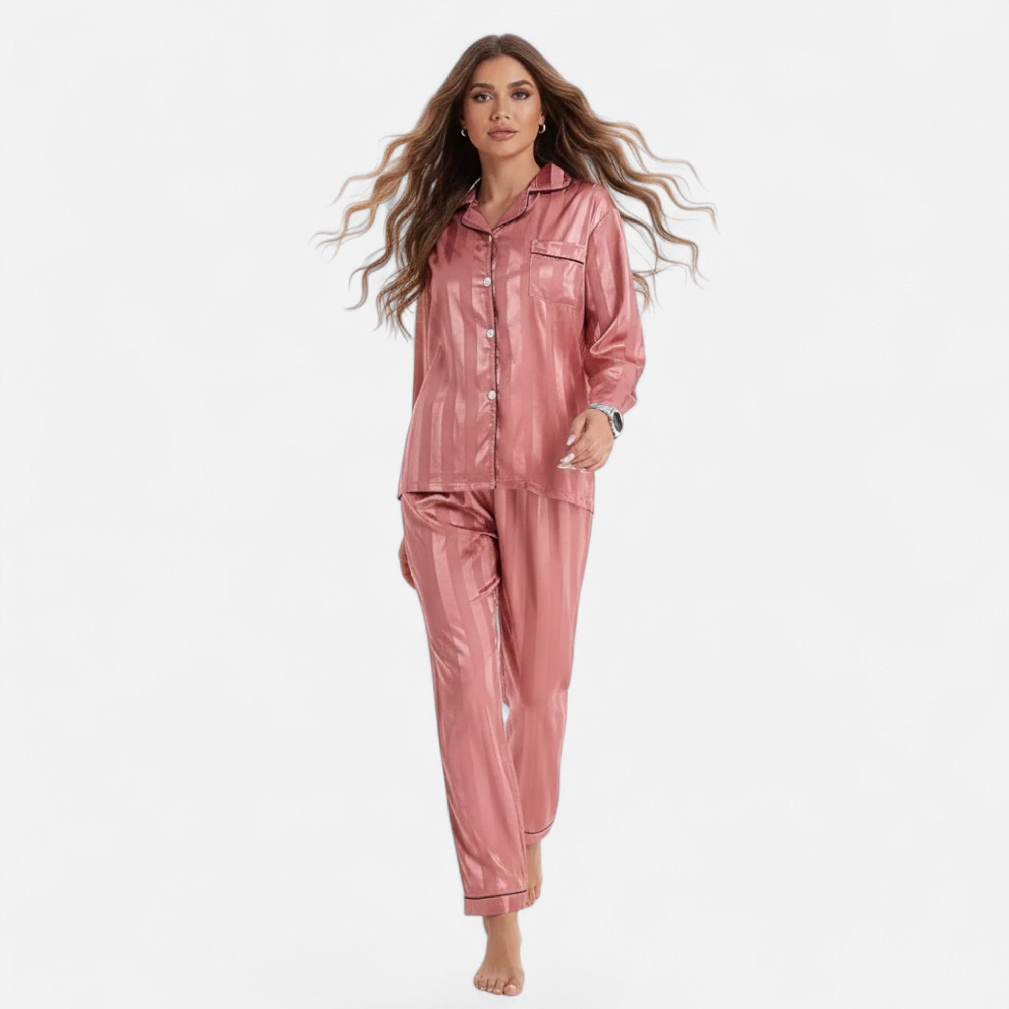 Ensemble de pyjama pour femme à manches longues, en satin rayé