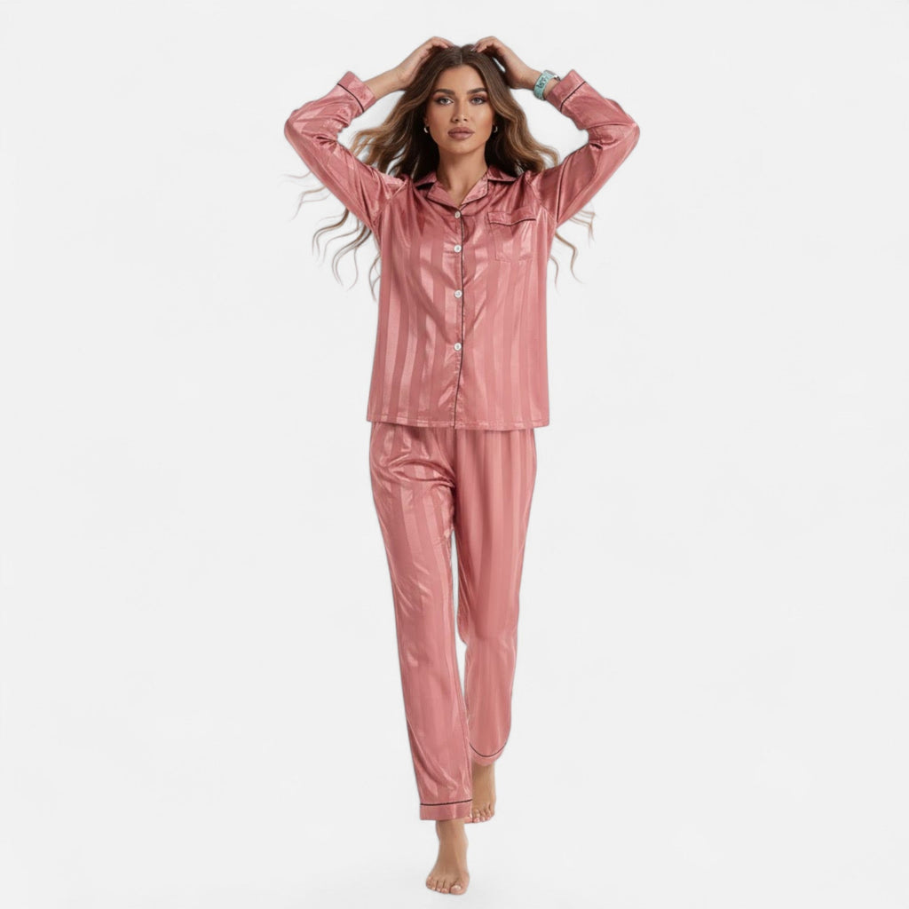 Ensemble de pyjama pour femme à manches longues, en satin rayé