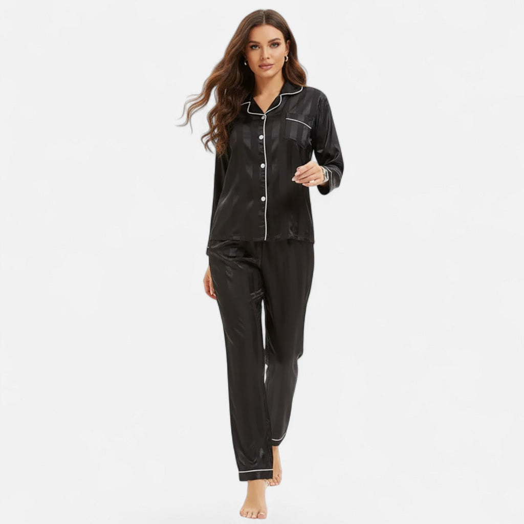 Ensemble de pyjama pour femme à manches longues, en satin rayé
