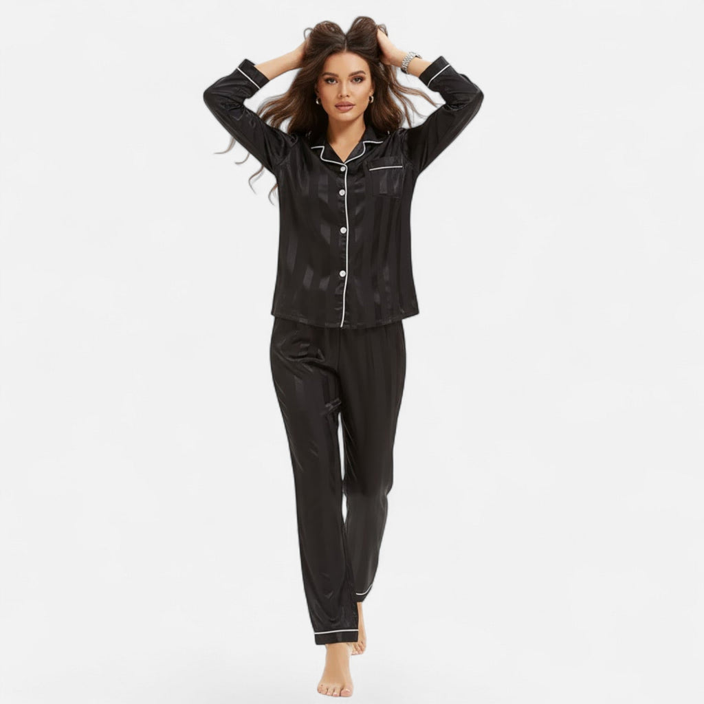 Ensemble de pyjama pour femme à manches longues, en satin rayé