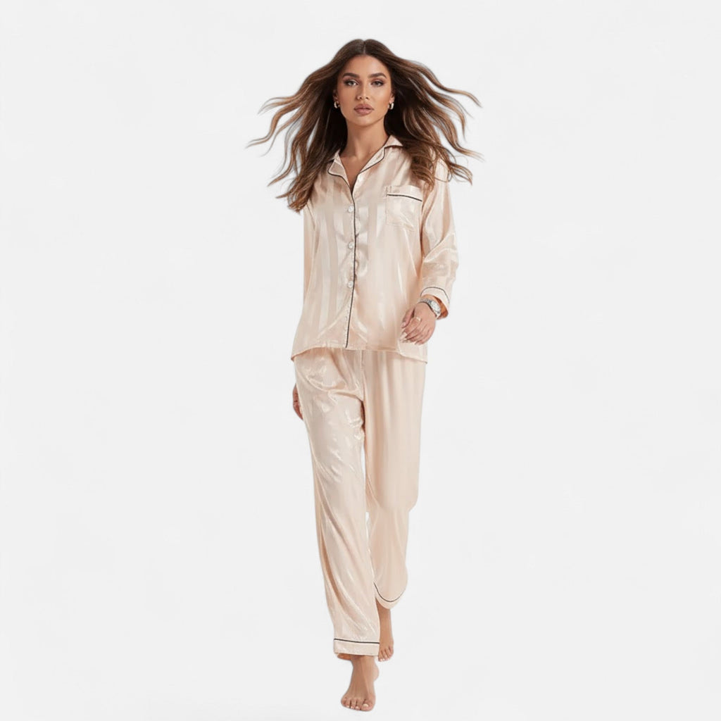 Ensemble de pyjama pour femme à manches longues, en satin rayé