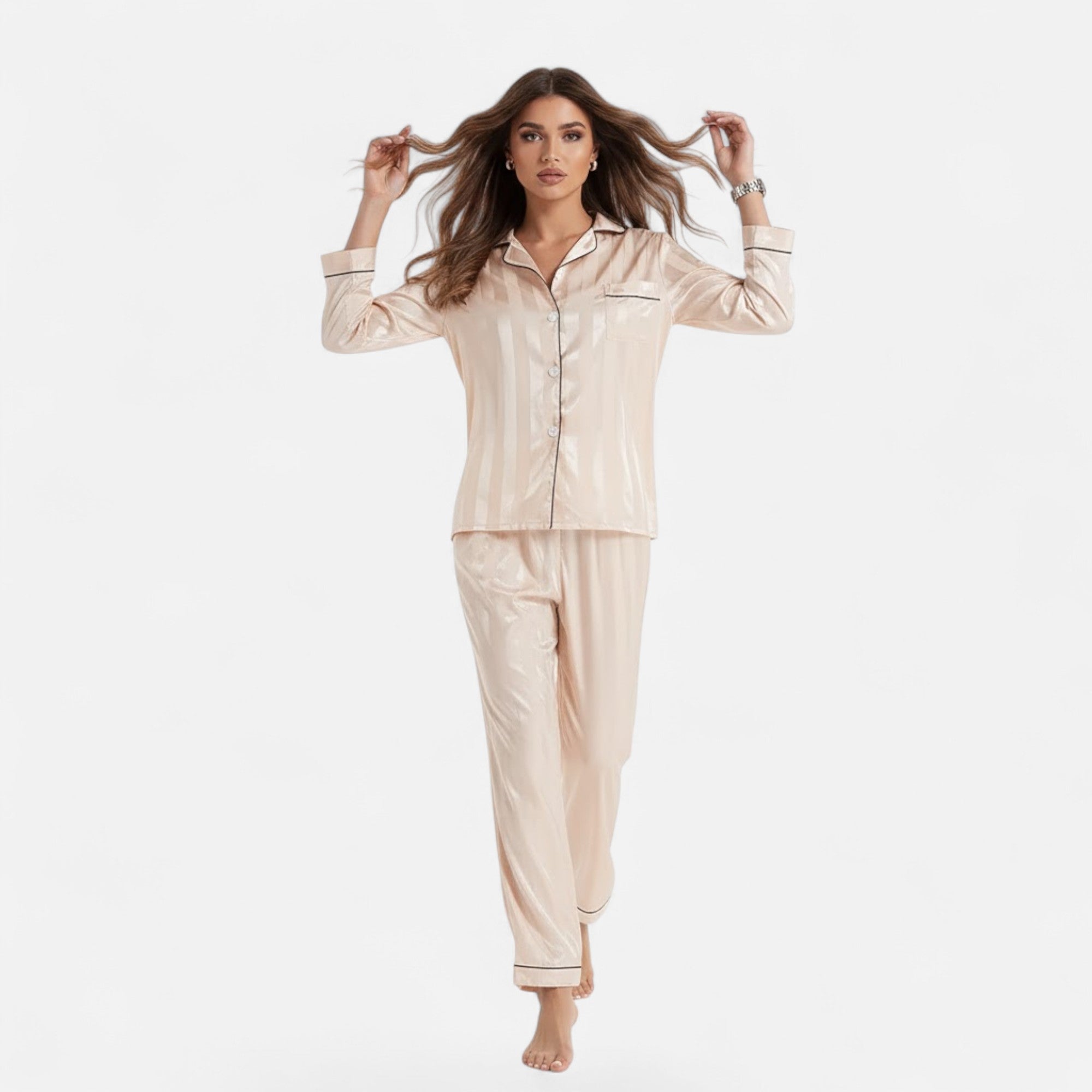 Ensemble de pyjama pour femme à manches longues, en satin rayé