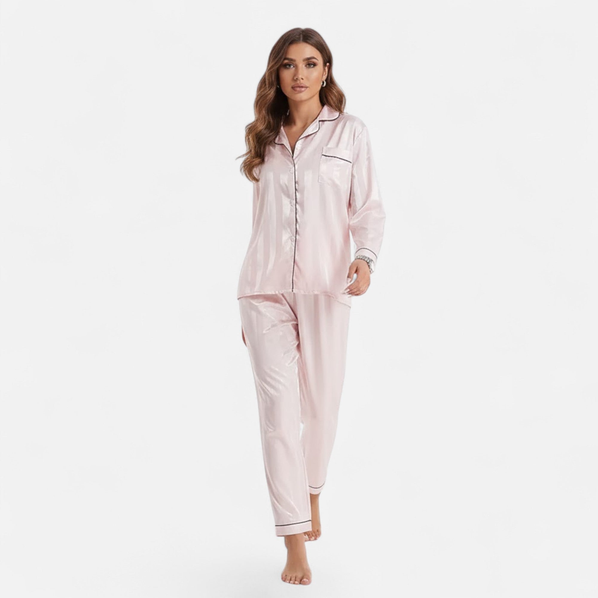 Ensemble de pyjama pour femme à manches longues, en satin rayé