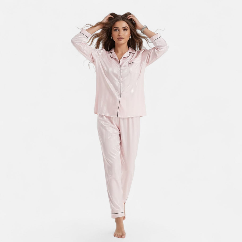 Ensemble de pyjama pour femme à manches longues, en satin rayé