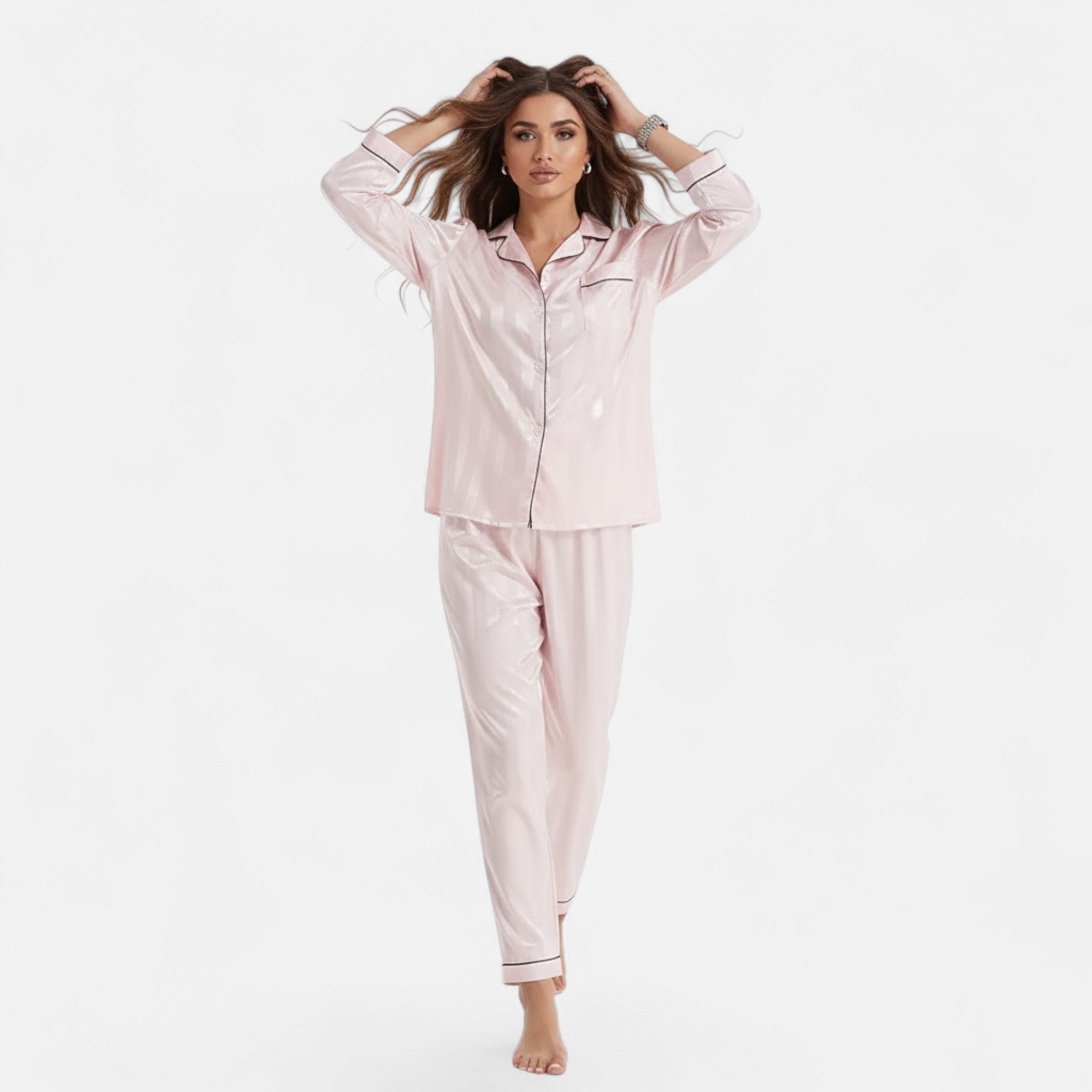 Ensemble de pyjama pour femme à manches longues, en satin rayé