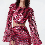 Women's Sequin Mini Dress | Cut-Out Waist Bell Sleeve