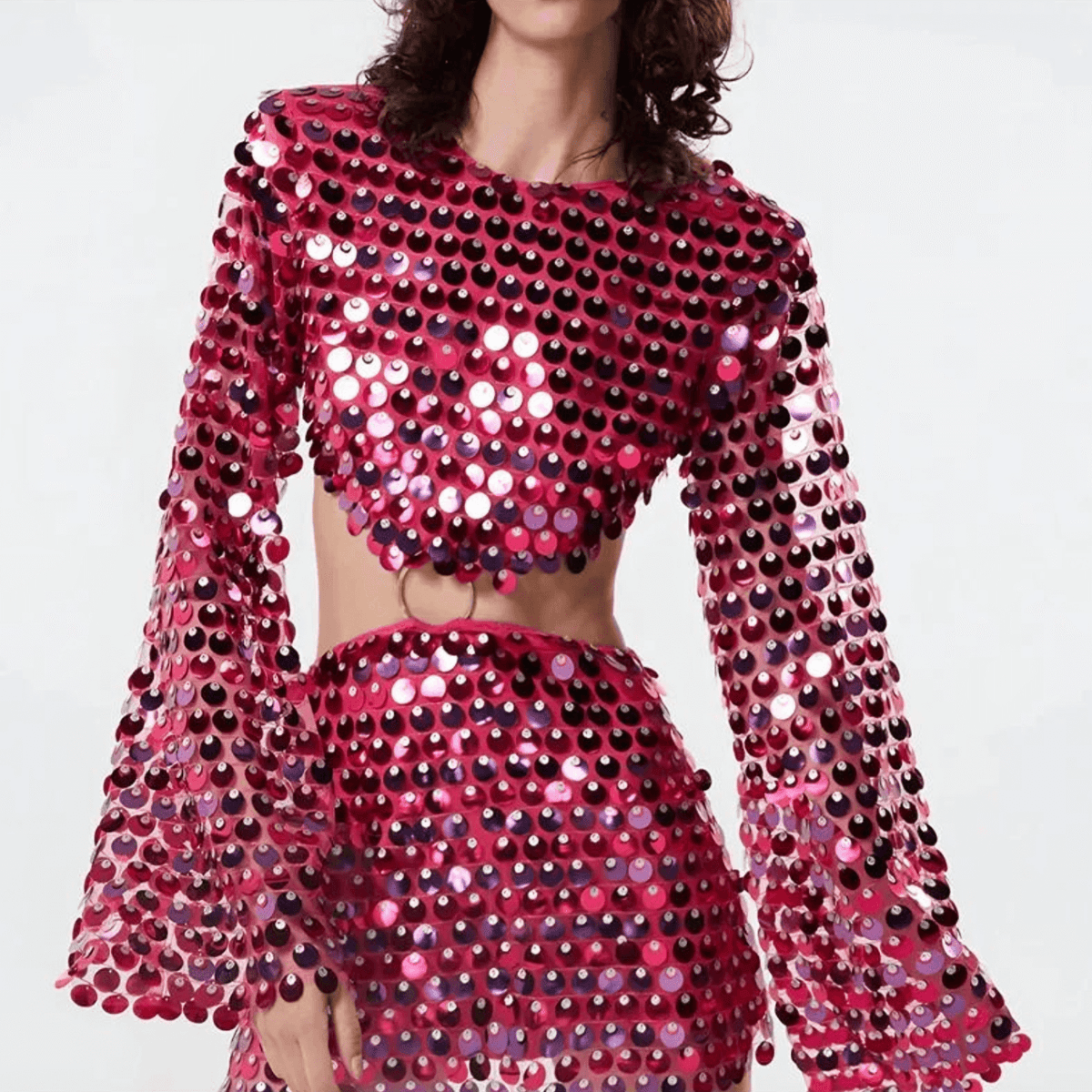 Women's Sequin Mini Dress | Cut-Out Waist Bell Sleeve
