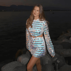 Women's Sequin Mini Dress | Cut-Out Waist Bell Sleeve