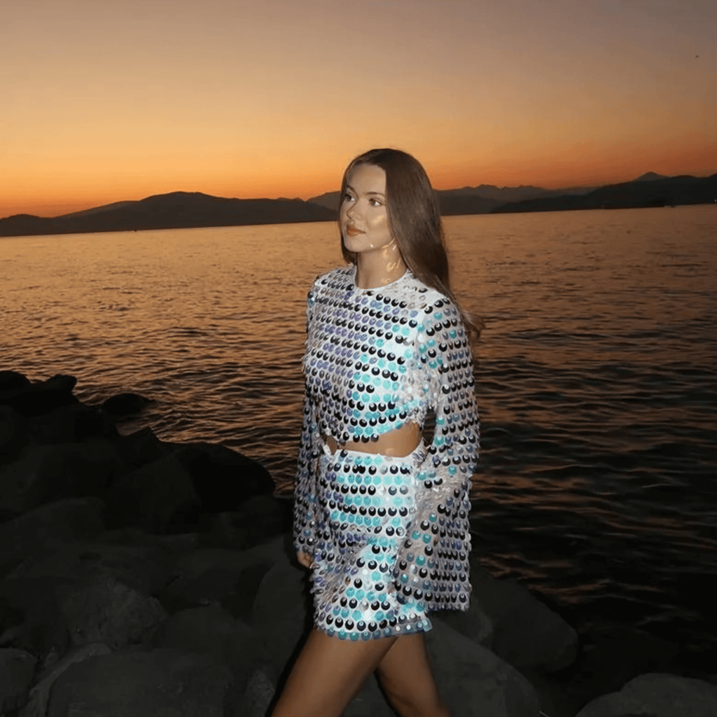 Women's Sequin Mini Dress | Cut-Out Waist Bell Sleeve