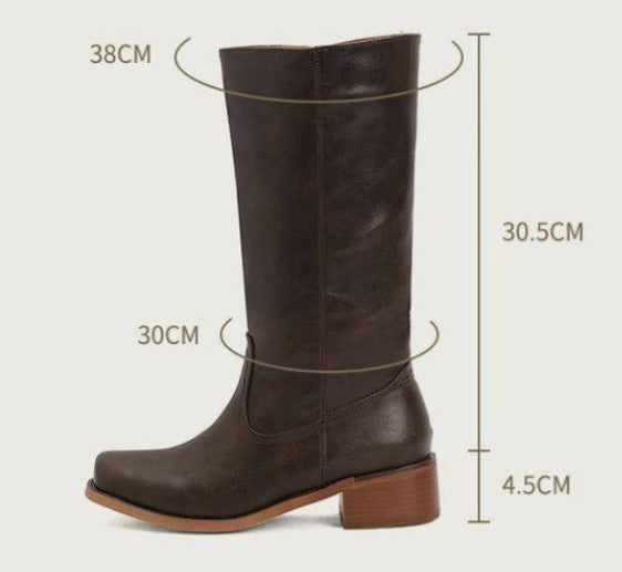Women's Leather Mid Calf Block Heel Boots