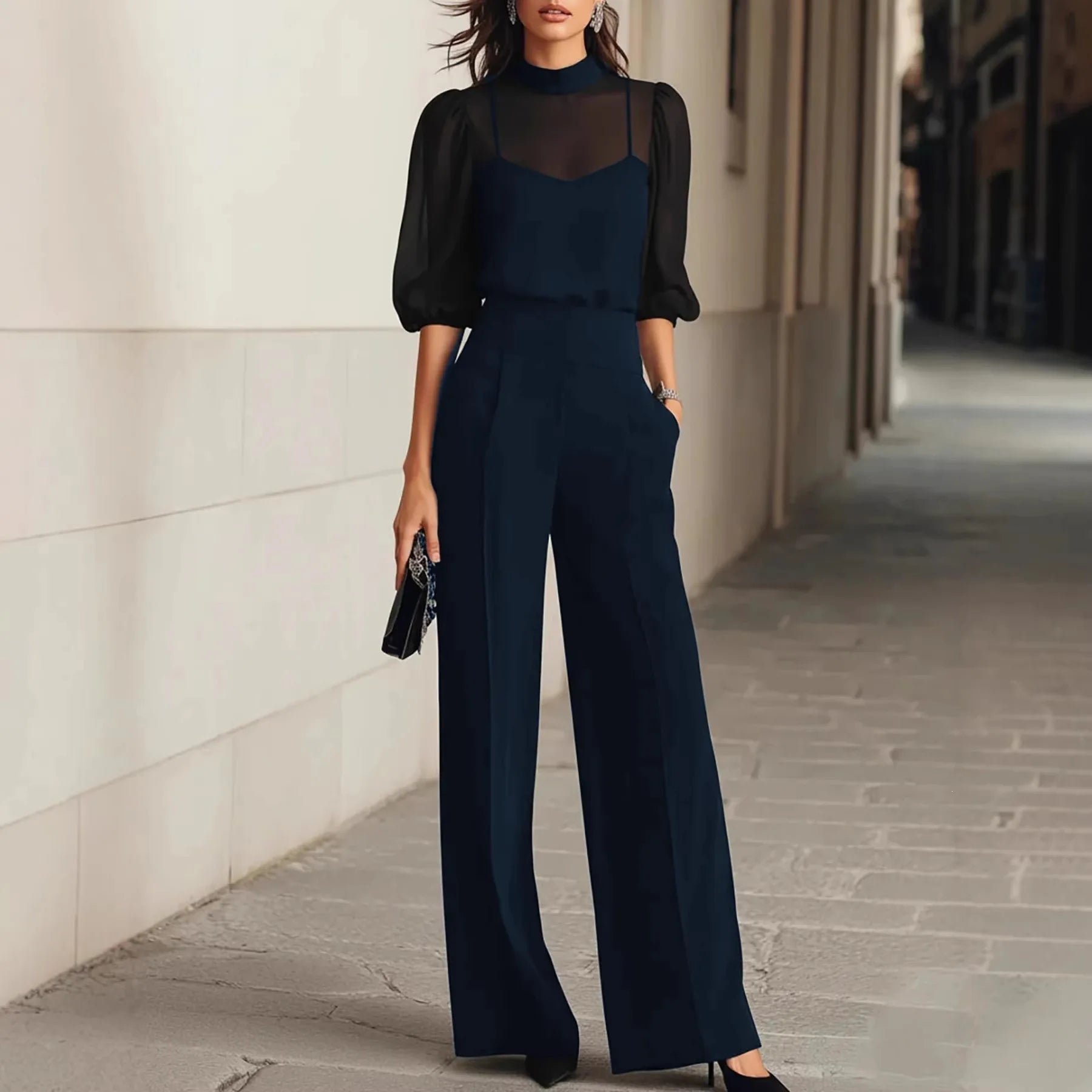 Women's Sheer Sleeve Wide Leg Jumpsuit