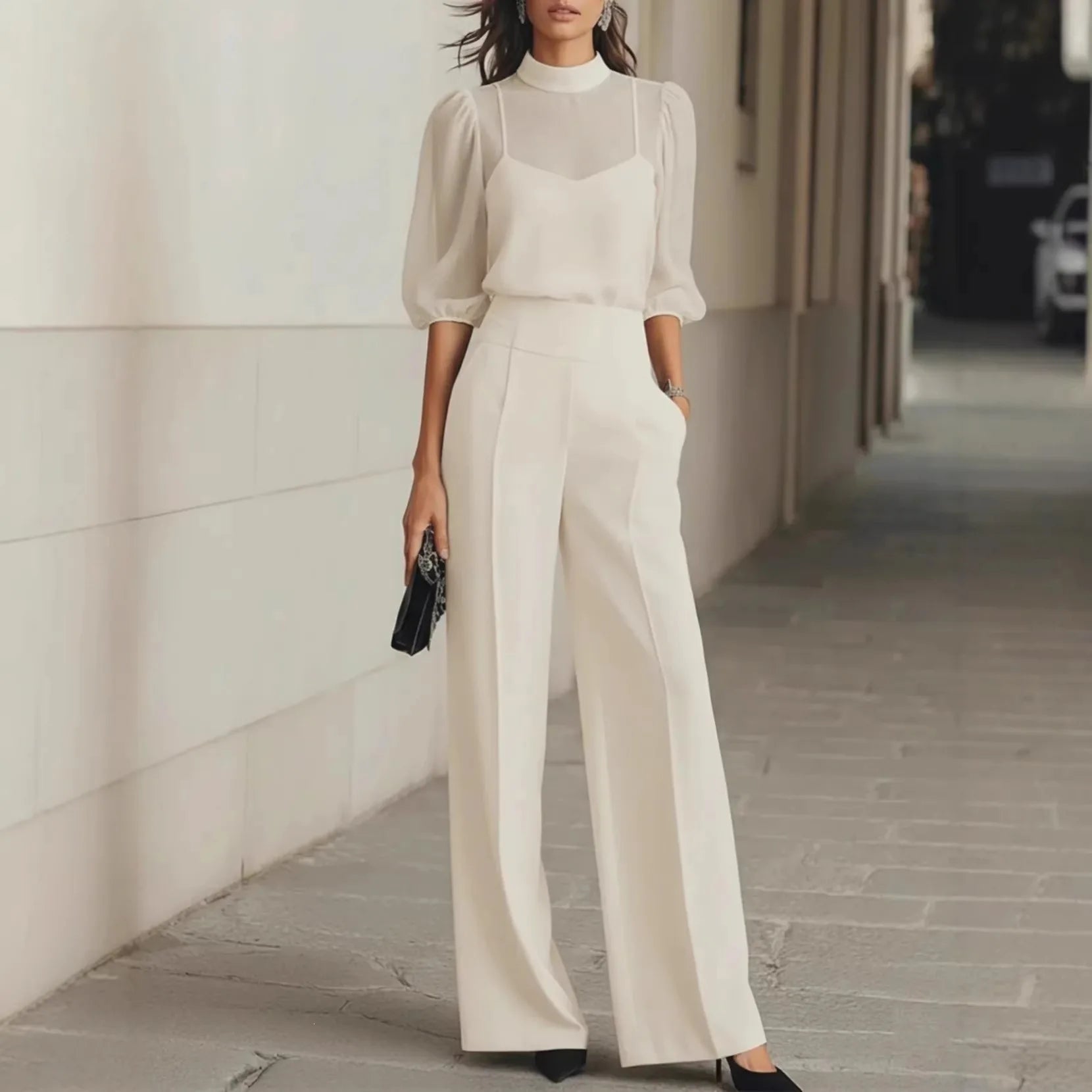Combinaison pour femme à manches transparentes et jambes larges