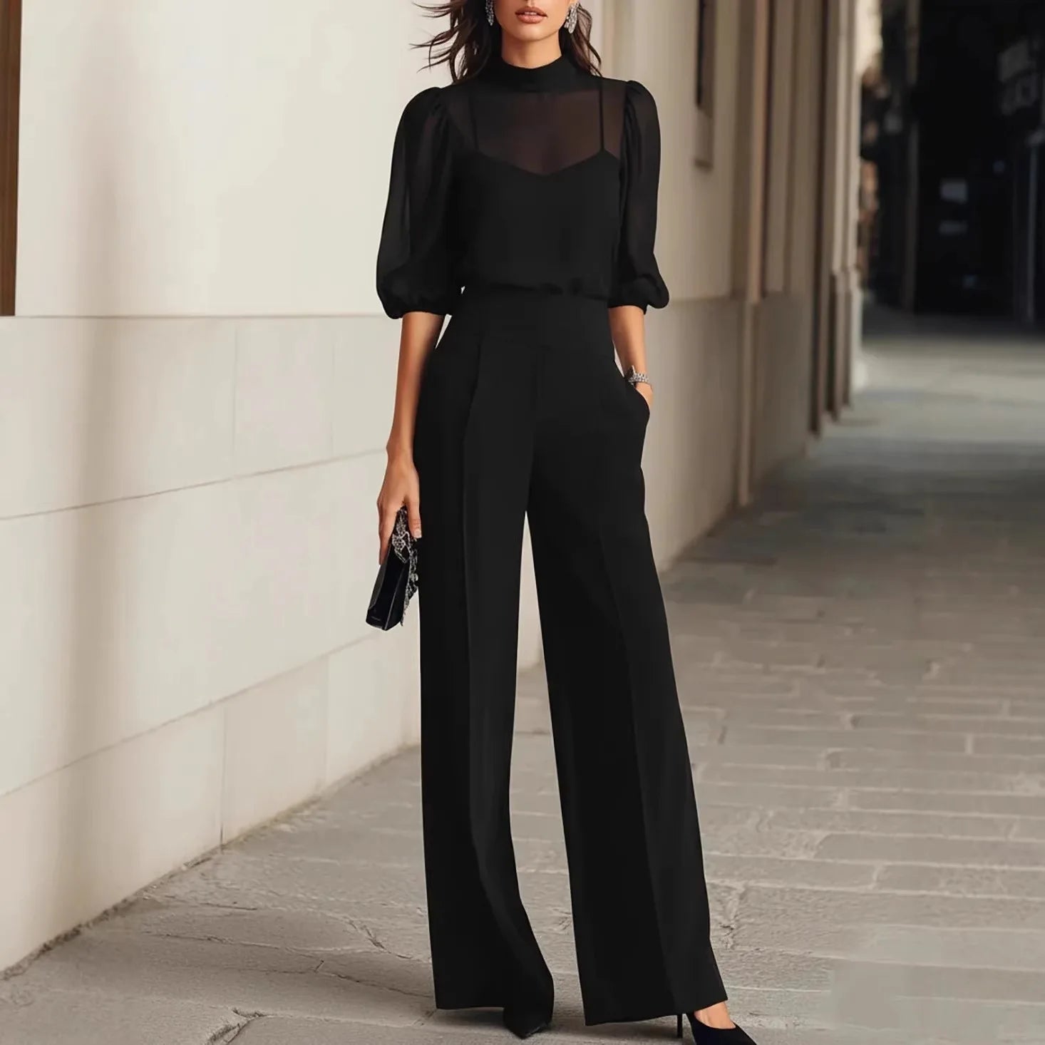 Combinaison pour femme à manches transparentes et jambes larges