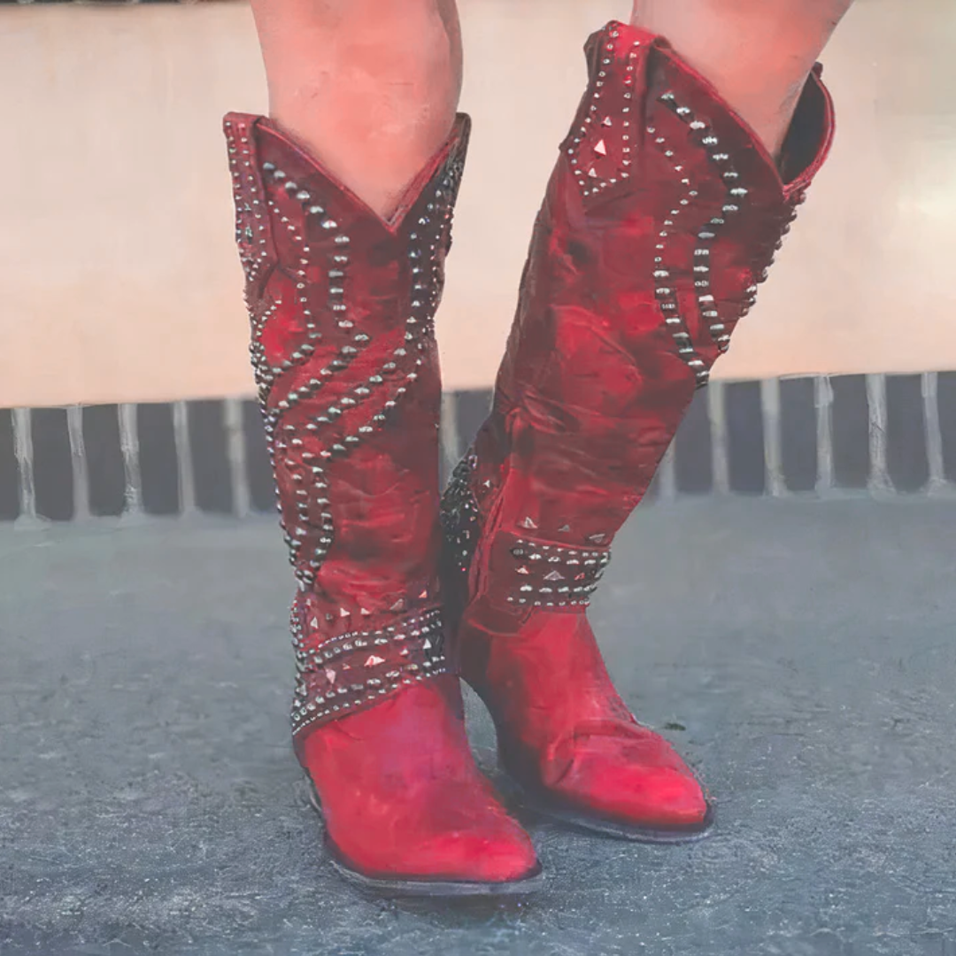 Bottes de cowboy western cloutées montantes jusqu’au genou pour femme