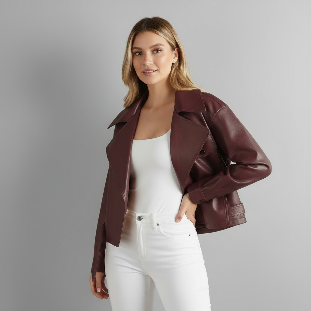 Veste trench courte en simili cuir pour femme