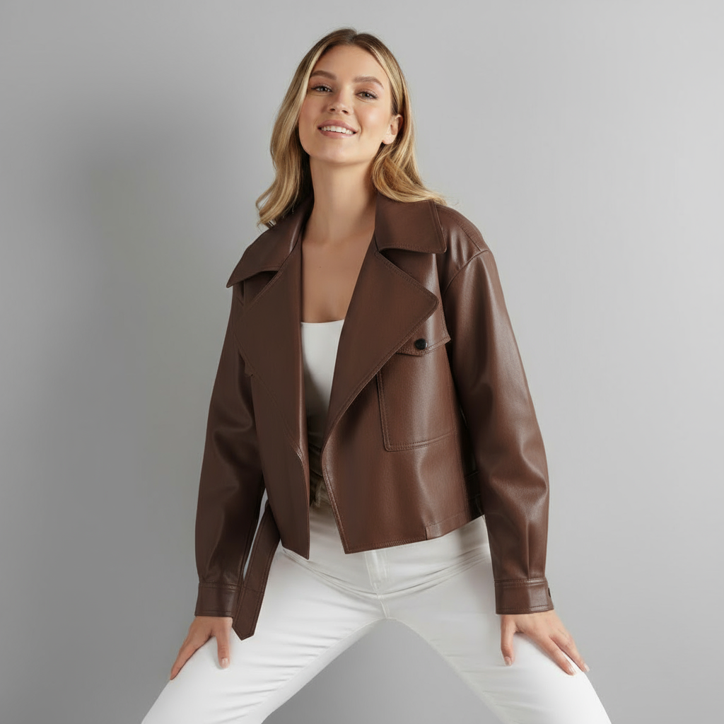 Veste trench courte en simili cuir pour femme