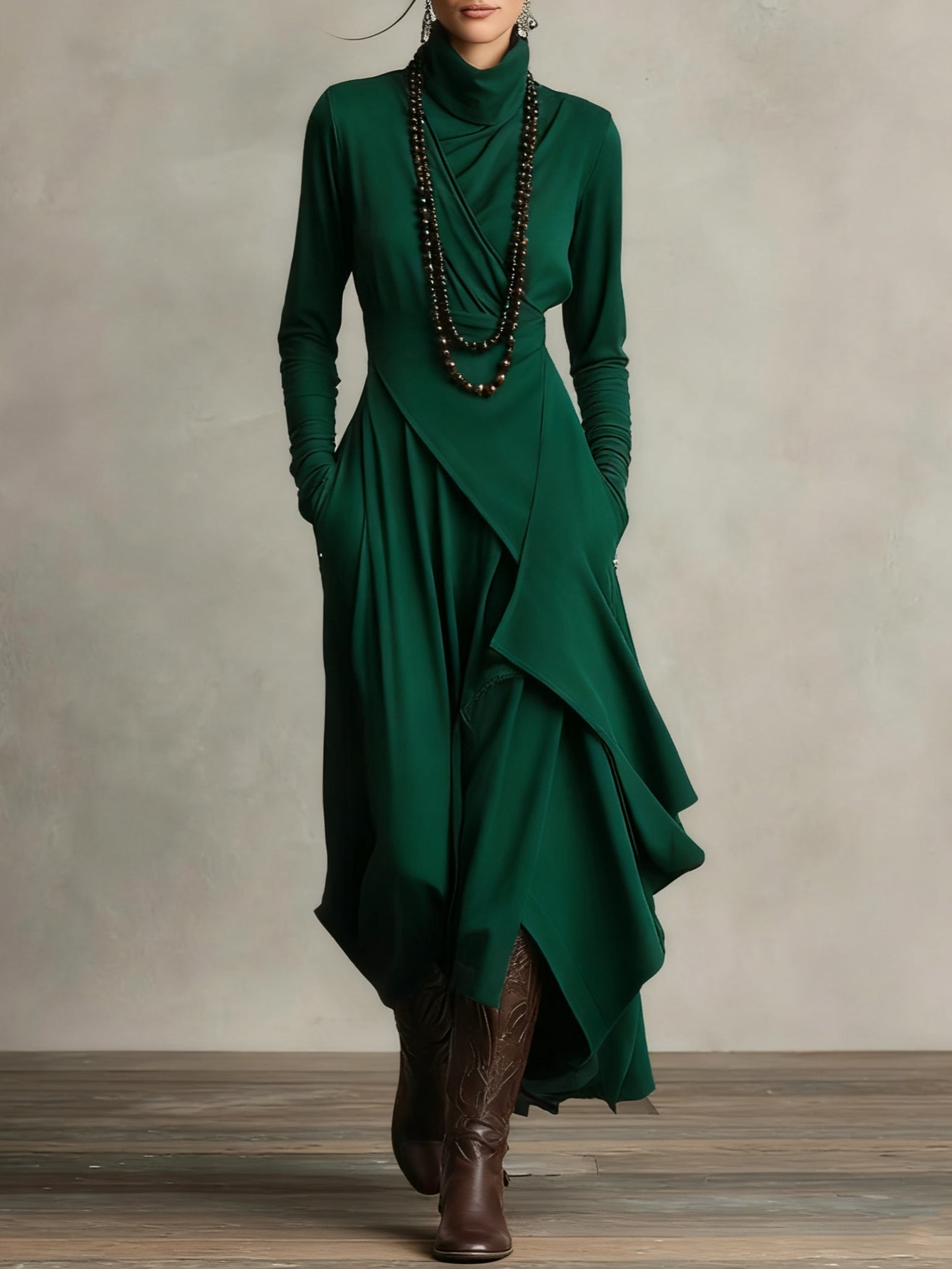 Robe midi pour femme à col montant asymétrique
