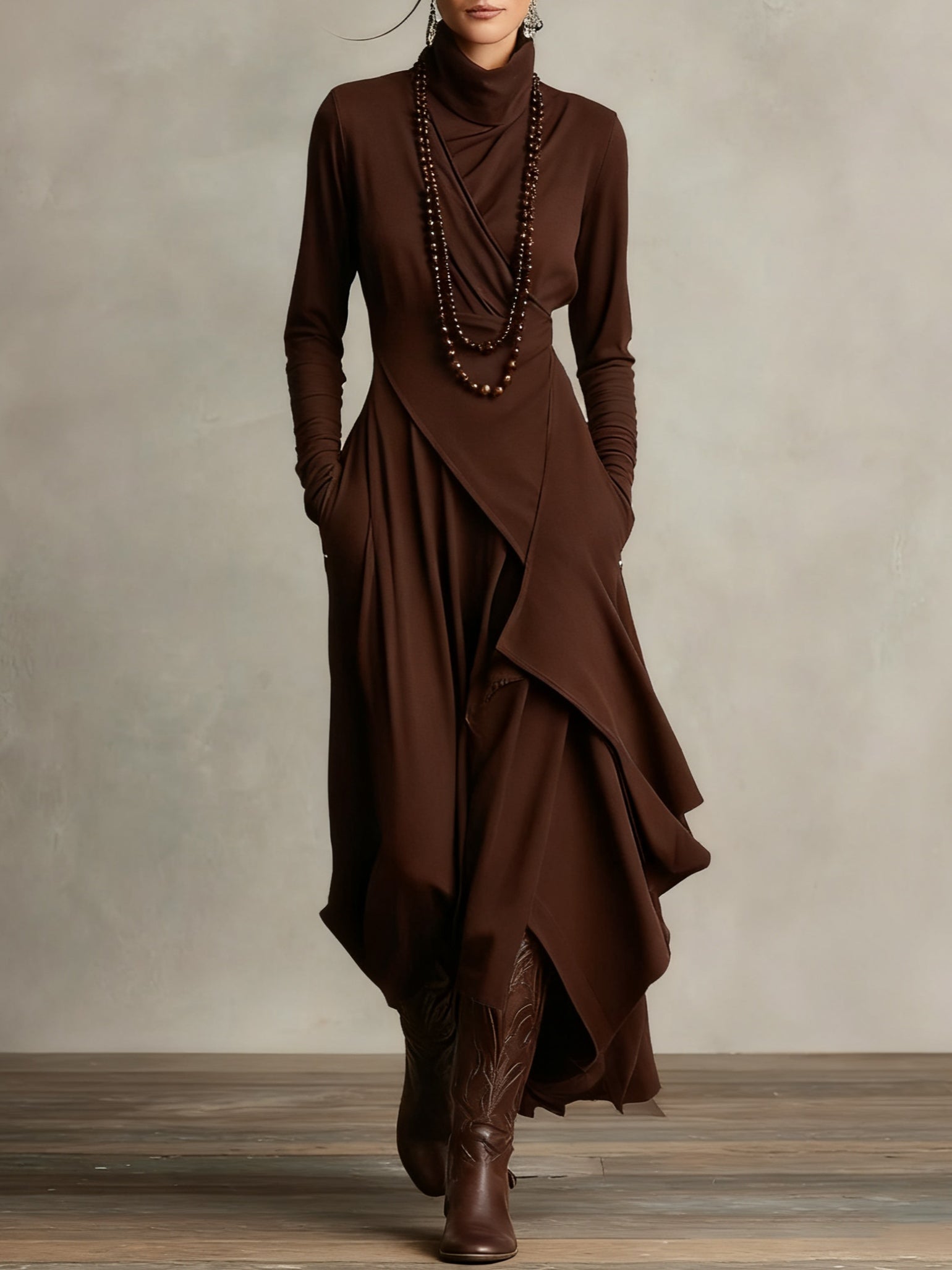 Robe midi pour femme à col montant asymétrique