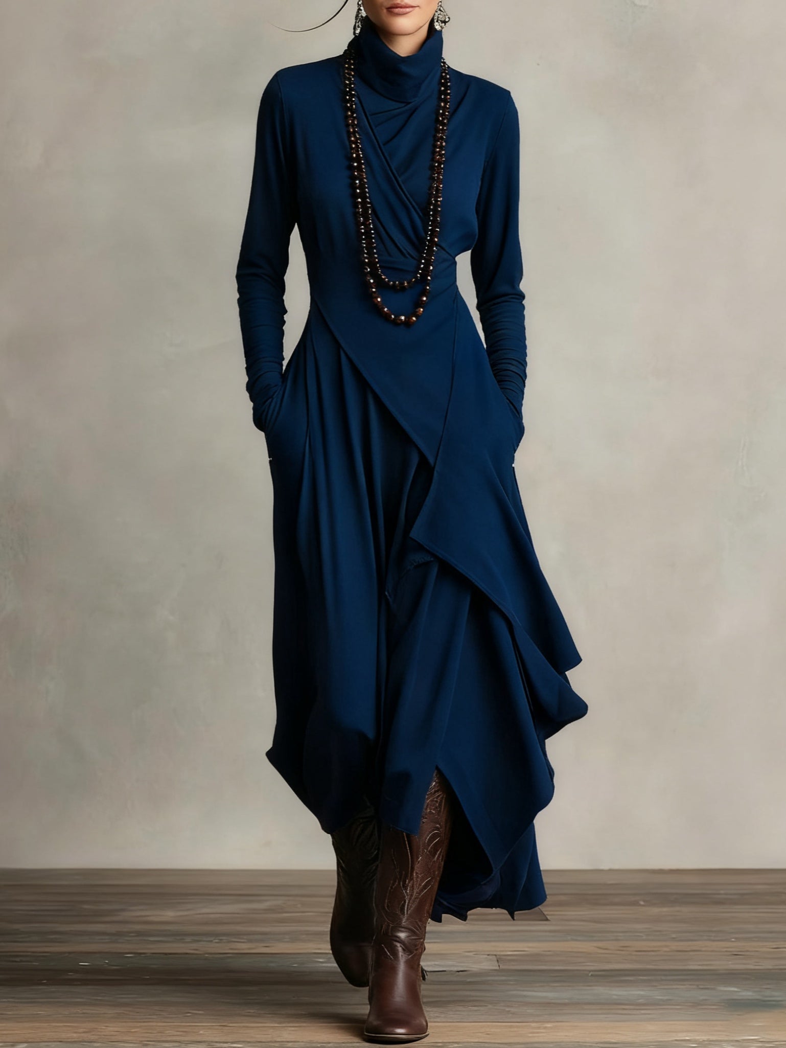 Robe midi pour femme à col montant asymétrique