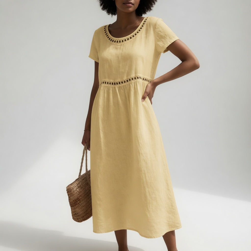 Women's Cotton Blend Midi Dress with Lace Detail for Summer