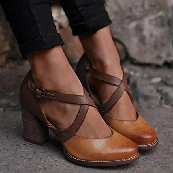 Women's Leather Block Heel Mary Jane Shoes for Autumn