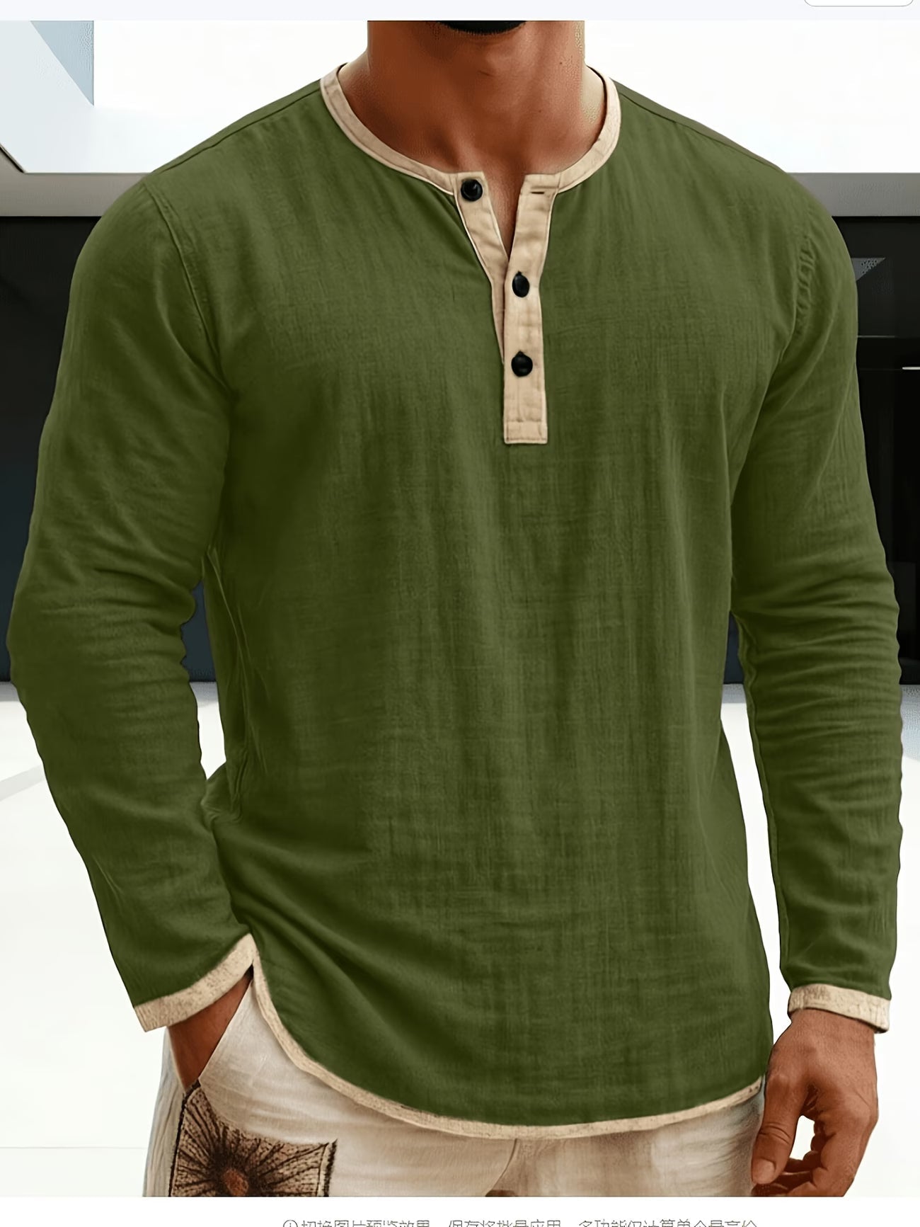 Chemise Henley pour homme à manches longues avec bordures contrastantes