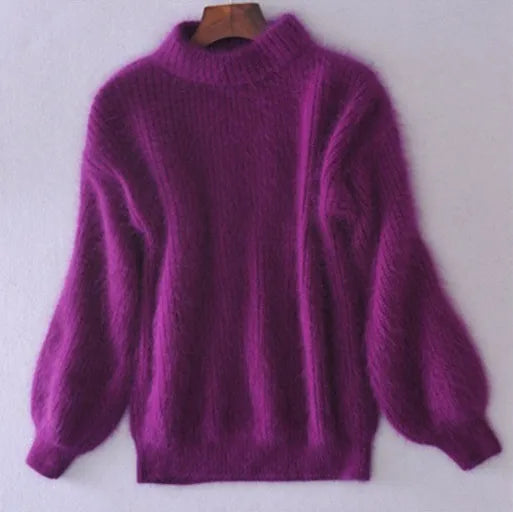 Damski sweter z miękkiej dzianiny ze stójką | Puszysty sweter w stylu vintage