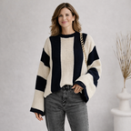 Damski grubo dziergany sweter | Sweter w paski i bloki kolorów