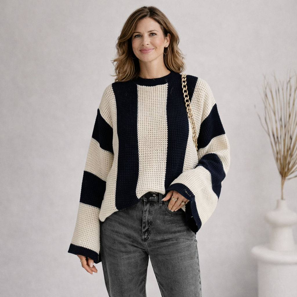 Damski grubo dziergany sweter | Sweter w paski i bloki kolorów