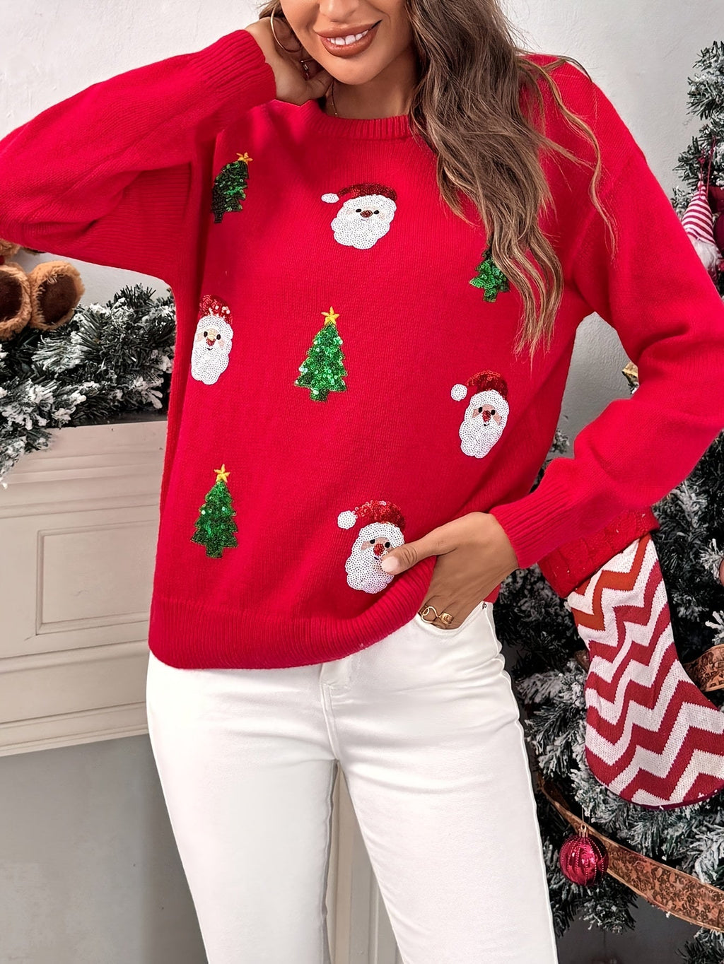 Pull de Noël rouge pour femme avec Père Noël à sequins
