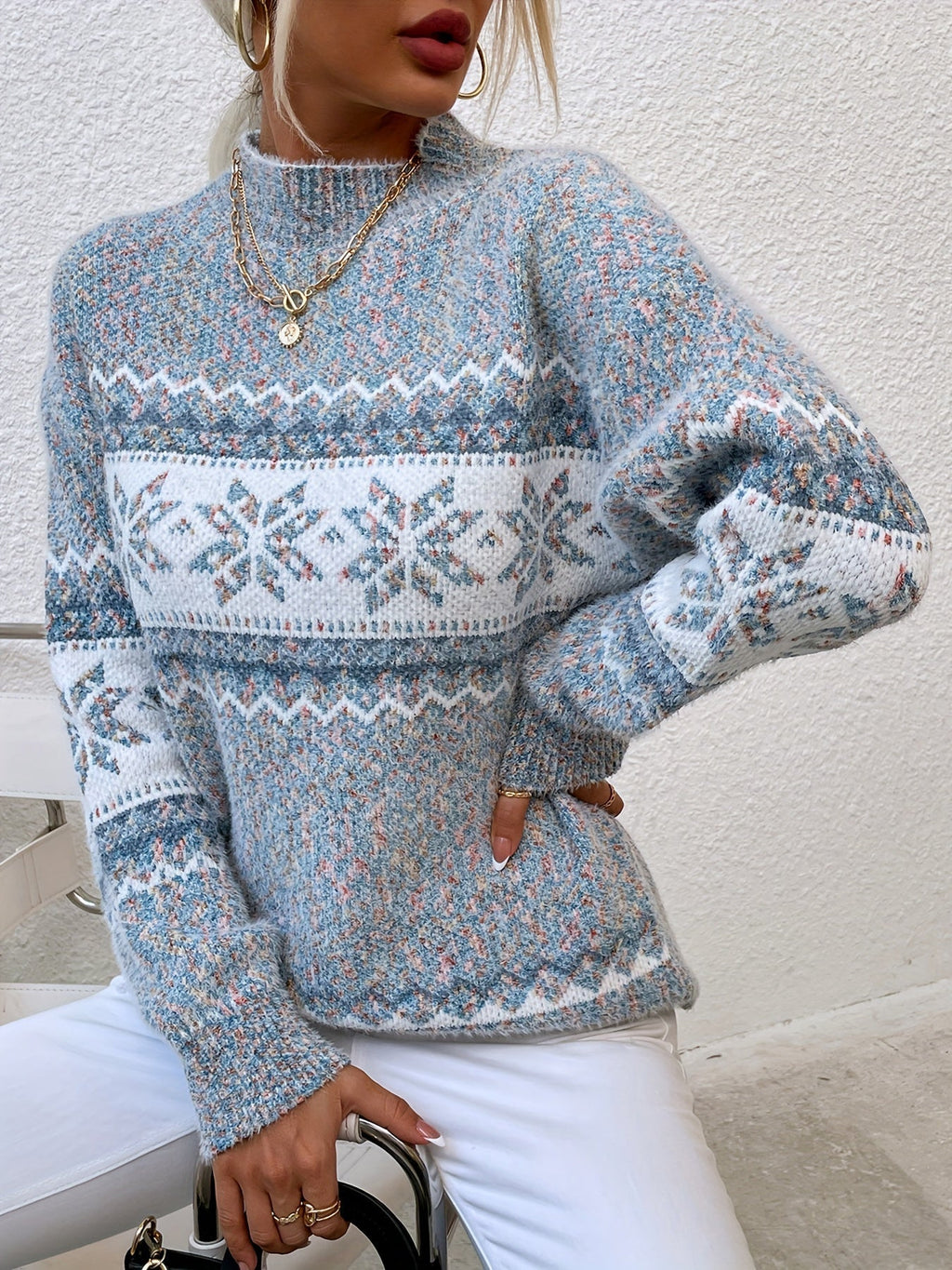 Pull de Noël oversize pour femme | Col montant en maille Fair Isle