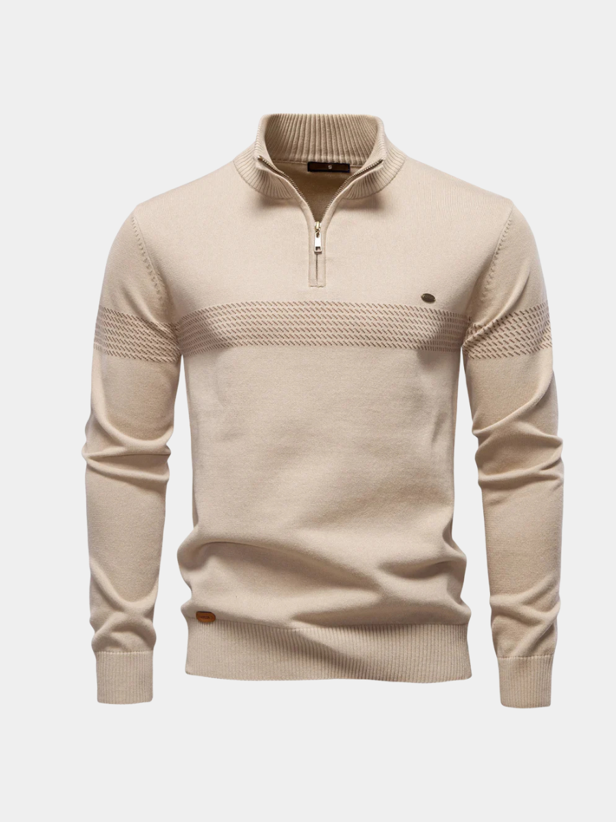 Męski dzianinowy sweter z krótkim zamkiem | Sweter z prążkowanym detalem