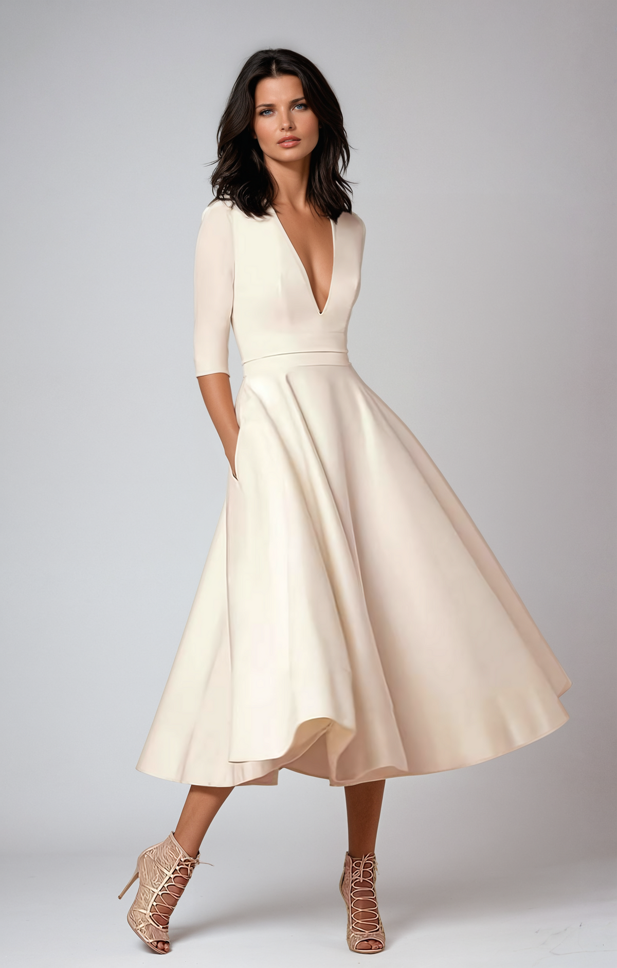 Women's V-Neck Midi Dress | Fitted Waist Flared Skirt