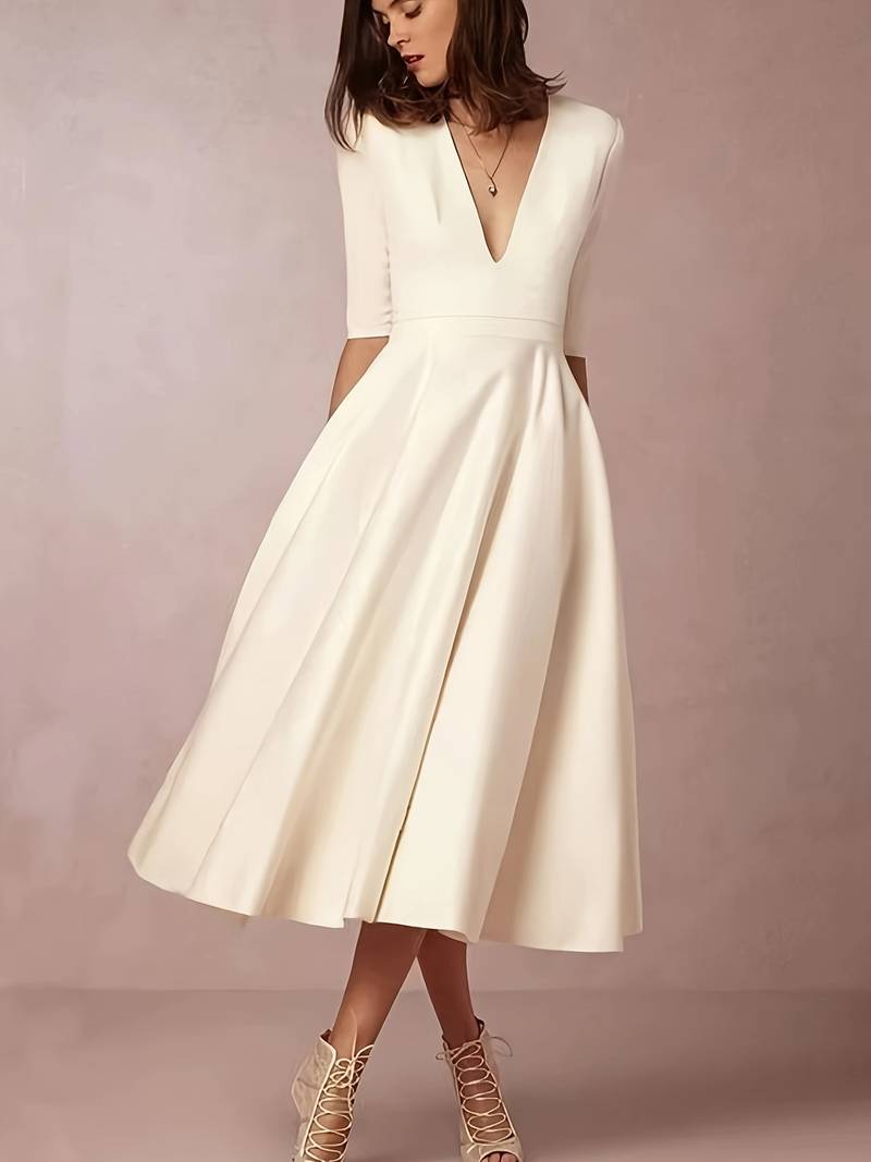 Women's V-Neck Midi Dress | Fitted Waist Flared Skirt