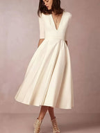 Women's V-Neck Midi Dress | Fitted Waist Flared Skirt
