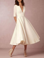 Women's V-Neck Midi Dress | Fitted Waist Flared Skirt