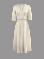 Women's V-Neck Midi Dress | Fitted Waist Flared Skirt