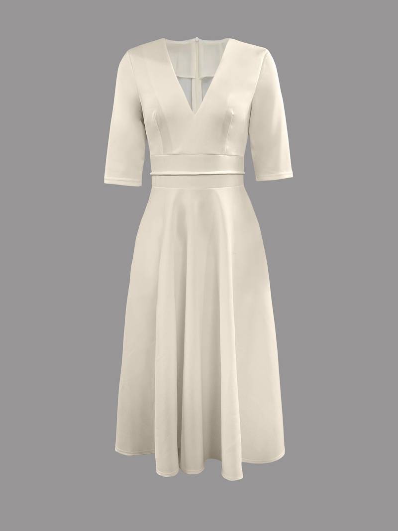 Women's V-Neck Midi Dress | Fitted Waist Flared Skirt