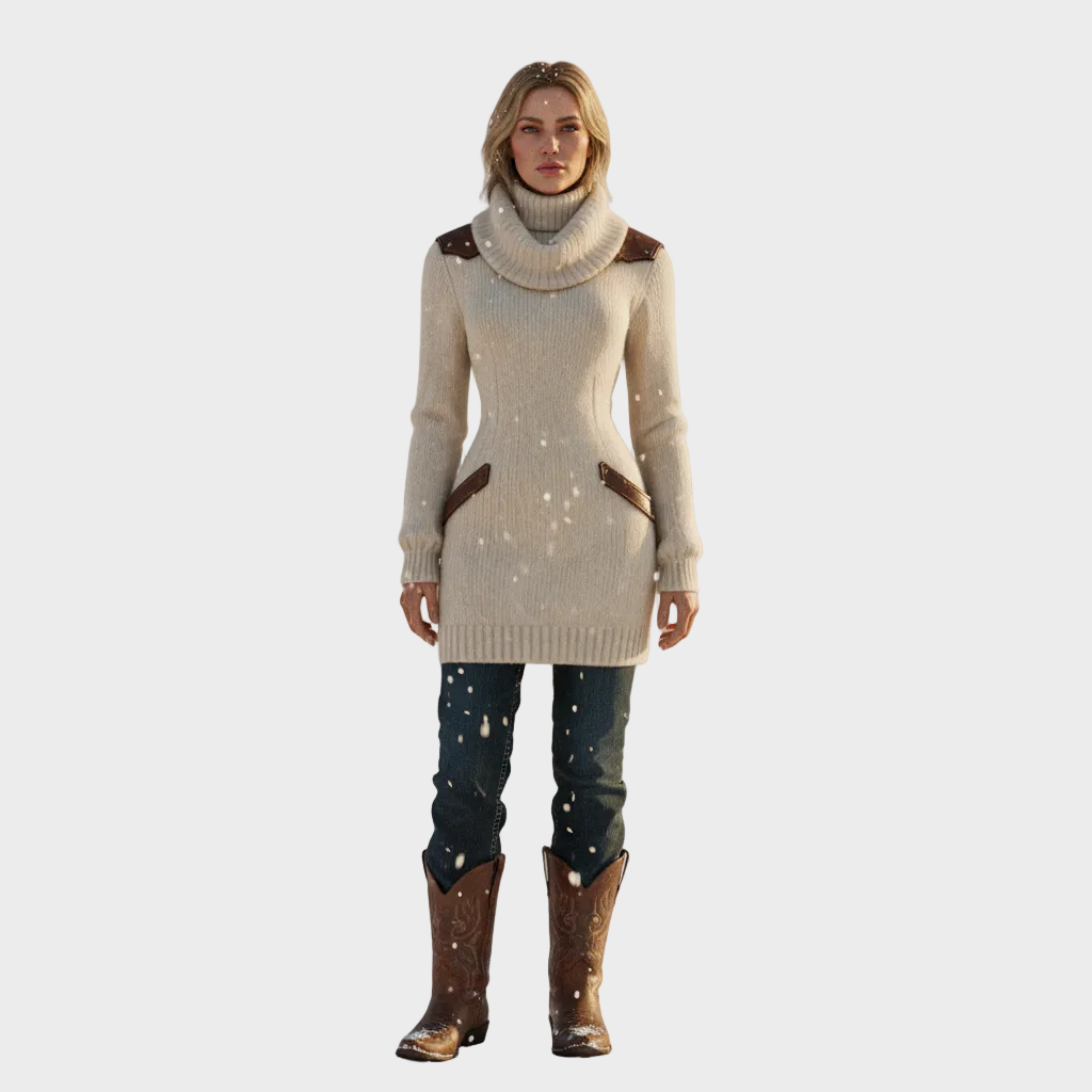 Robe-pull tricotée pour femme à col roulé et bordure contrastante